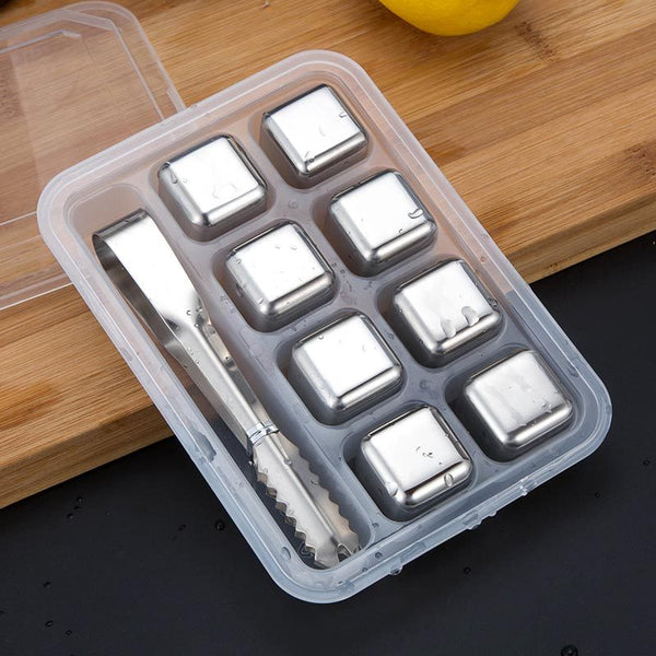 Stainless Steel Ice Cubes Whiskey Stone Set Toolbox: Clip and 8 Cubes