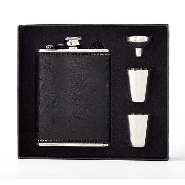 Black Leather covered stainless steel Hip Flask Gift Set